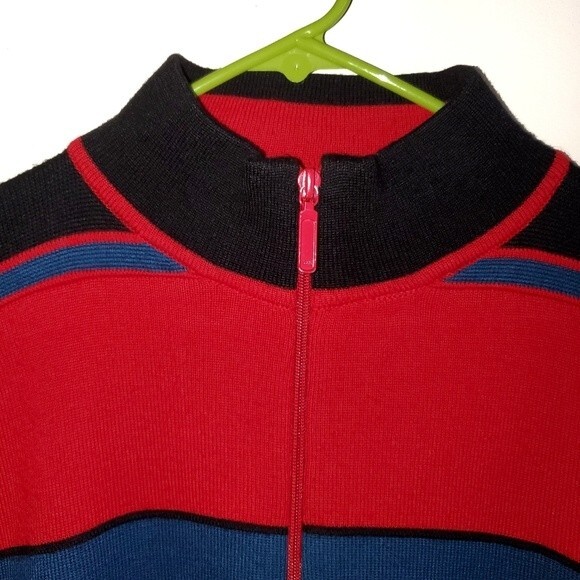 vintage 80s Meister 1/4 Zip Red Blue Black Mock Neck Wool Blend Ski Sweater M. - Picture 3 of 8